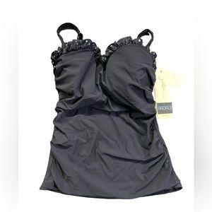 PROFILE BY GOTTEX black hula dance underwire tankini swim top size 32E NWT